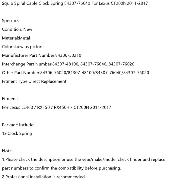 2011-2017 Lexus LS460/ RX350/ RX450H/ CT200H Squib Spiral Cable Clock Spring 84306-50210 84307-76040 Generic