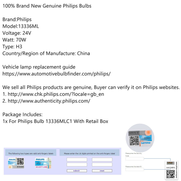 For Philips H3 Longevity Quartz Halogen Truck Fog Light 24V70W PK22s 13336MLC1 Generic