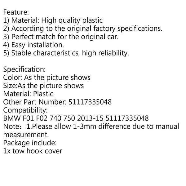 BMW F02 LCI Front Bumper Tow Hook Cover Cap 51117335048 Generic