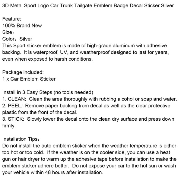 3D Metal Sport Logo Car Trunk Tailgate Emblem Badge Decal Sticker Silver Generic