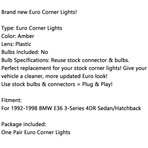 Corner Lights For BMW E36 3-Series 4Dr Sedan/Hatchback 1992-1998 Amber Generic