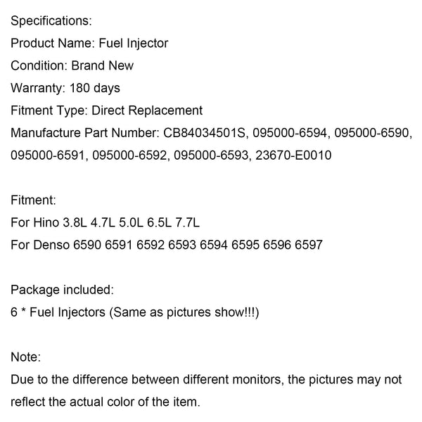 Denso 6590 6591 6592 6593 6594 6595 6596 6597 6 pièces injecteurs de carburant 095000-6593 CB84034501S 095000-6594 ​​générique