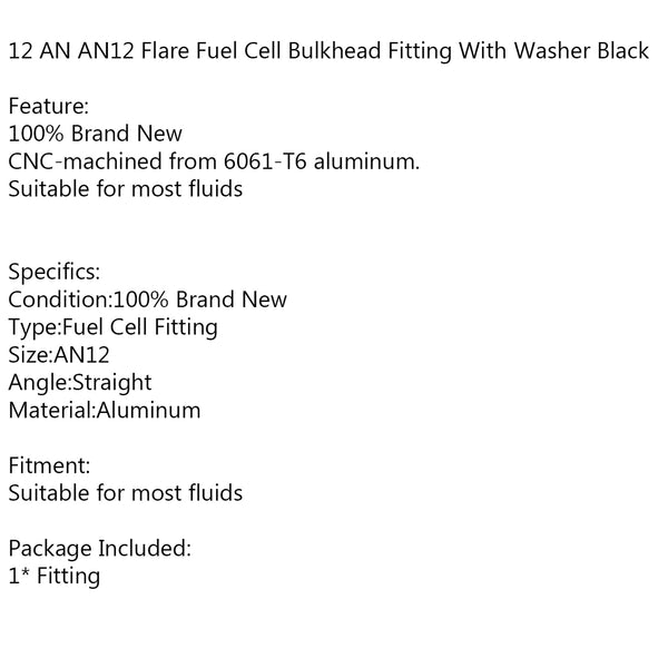 12 AN AN12 Flare Fuel Cell Bulkhead Fitting With Washer Black