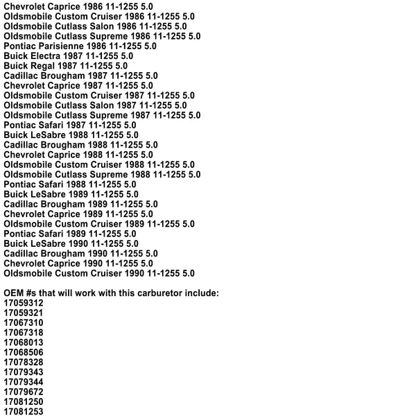 1986–1990 Cadillac/Chevy 305 (5,0 l) Motoren, Vergaser 11–1255 generisch