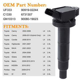 2001-2007 Toyota Highlander L4 2.4L 4PCS Ignition Coil+Spark Plug UF333 UF494 C1330 90919-02244 Generic