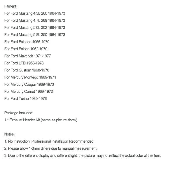 1964-1973 Mustang 4.7L 289/ 5.0L 302 Cabezales de escape de acero inoxidable genéricos