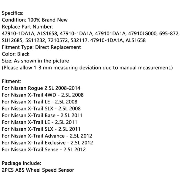 2 Stück Front-ABS-Raddrehzahlsensor für Nissan Rogue 2.5L 2008–2013 ALS1658 Generisch