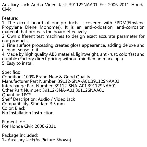 Neue Zusatzbuchse Audio-Video-Buchse 39112SNAA01 AUX für 2006–2011 Honda Civic Generic