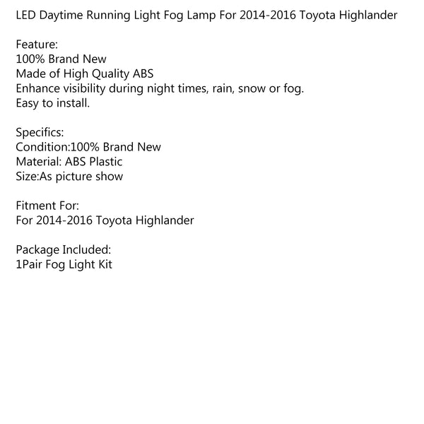 Generic Pair LED Bumper Fog Lights Lamps w/Wiring Kit For 2014-2016 Toyota Highlander