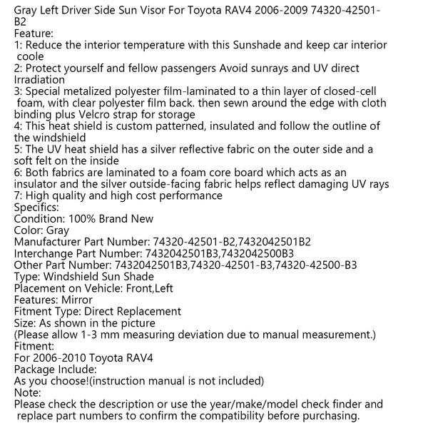 2006-2009 Toyota RAV4 74320-42501-B2 Gray Left Driver Side Sun Visor Generic