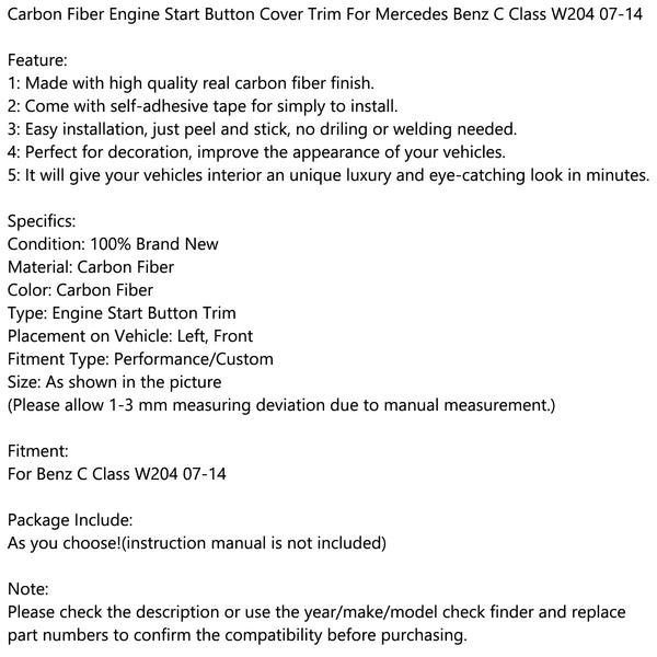 Mercedes Benz C Class W204 07-14 Carbon Fiber Engine Start Button Cover Trim Generic