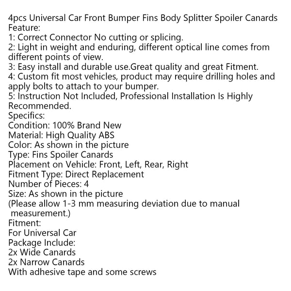 4pcs Universal Gloss Bk Car Front Bumper Fins Body Splitter Spoiler Canards Generic