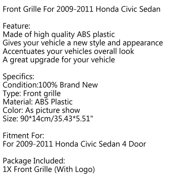 New Front Bumper Grille Grill Black For 2009-2011 Honda Civic Sedan 4 Door Generic