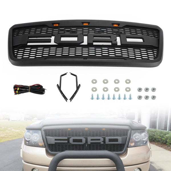 2004-2008 F150 Ford Black Raptor Style Black Front Mesh Hood Grill Grille Replacement With LED Generic