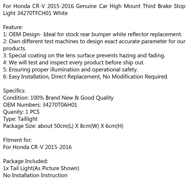 For Honda CR-V 2015-2016 Genuine Car High Mount 3RD Brake Stop Light 34270TFCH01 Generic