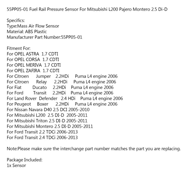 Mitsubishi L200 Pajero Montero 2.5 Di-D 55PP05-01 Fuel Rail Pressure Sensor Generic