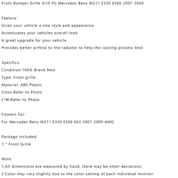 2007-2009 W211 E350 E500 E63 AMG Benz Front Bumper Grille Grill Replacement Gloss Black Generic