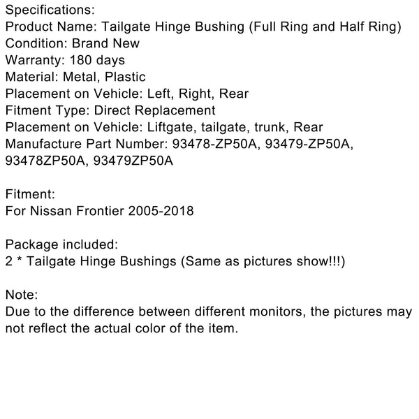 Nissan Frontier 2005-2018 2PCS Rear Tailgate Hinge Bushing Set 93478-ZP50A Generic