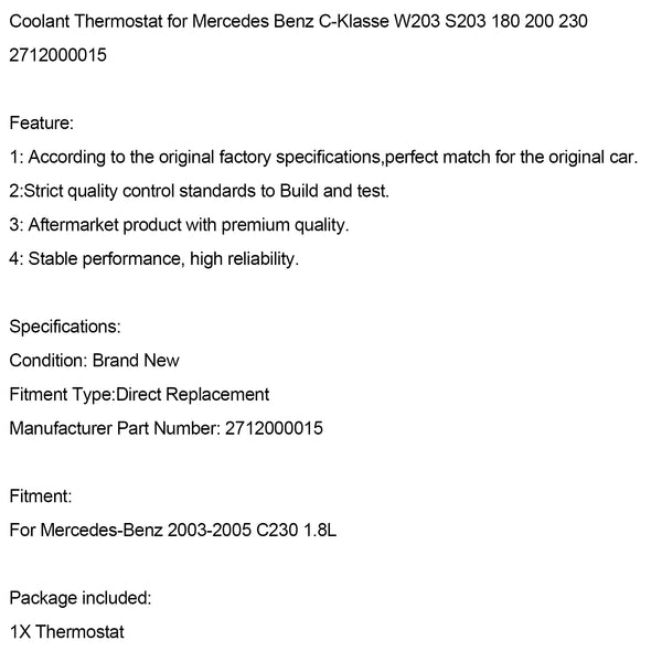 Mercedes Benz C-Klasse W203 S203 180 200 230 2712000015 Coolant Thermostat Generic