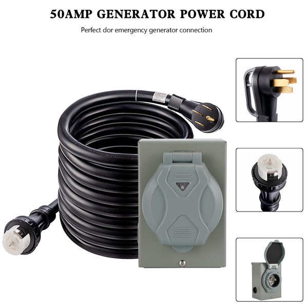 50Amp generatorsnoer 25FT + stroominlaatdoos Waterdichte combokit RV-verlengsnoer