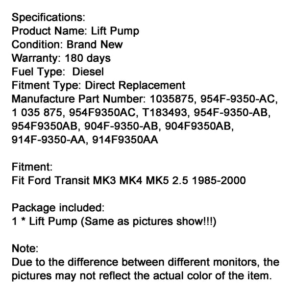 1985-2000 Ford Transit MK3 MK4 MK5 2.5 Fuel Lift Pump 1035875 954F9350AC T183493