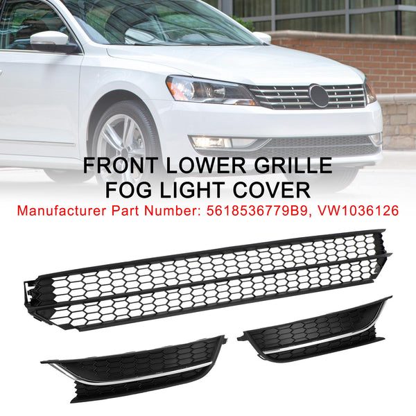 VW Passat 12-15 Front Lower Grille + Fog Light Cover W/O Hole Combo Set Generic