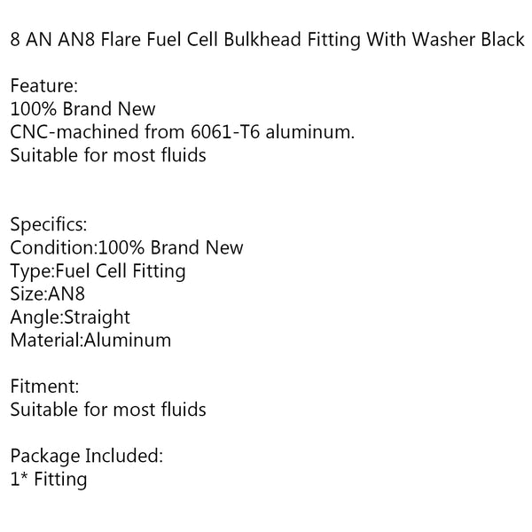 8 AN8 Flare-Brennstoffzellen-Schottverschraubung mit Unterlegscheibe, schwarz, generisch