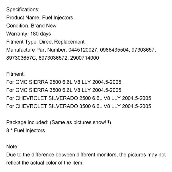 2004.5-2005 Chevy SILVERADO 2500/3500 6.6L V8 LLY 8PCS Iniettore di carburante 0986435504 97303657 0445120027 Generico