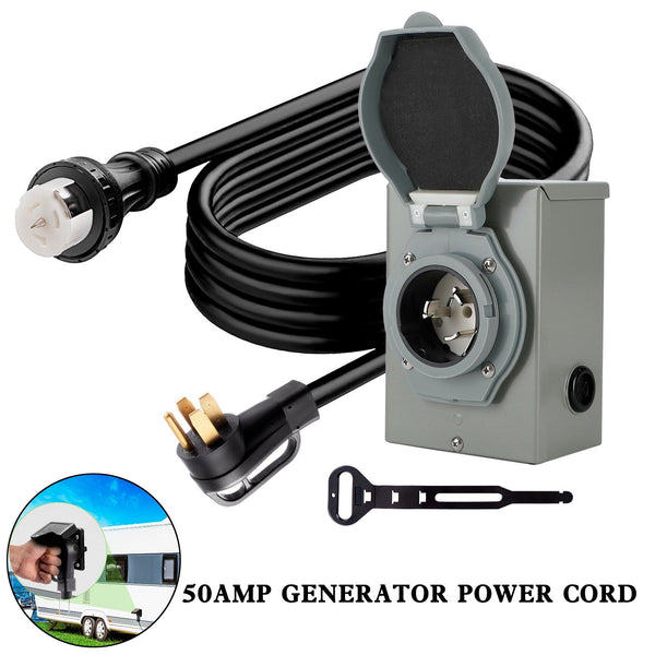 50Amp Generator Cord 25FT+Power Inlet Box Waterproof Combo Kit RV Extension Cord