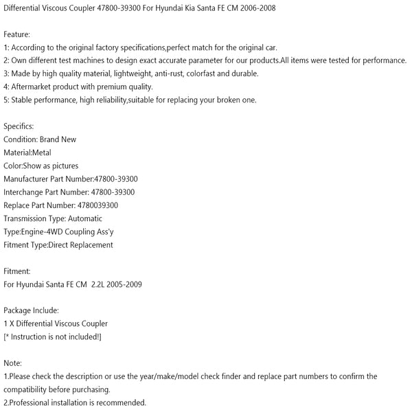Hyundai Santa FE CM 2.2L 2005-2009 Differential Viscous Coupler 47800-39300 Fedex Express Generic