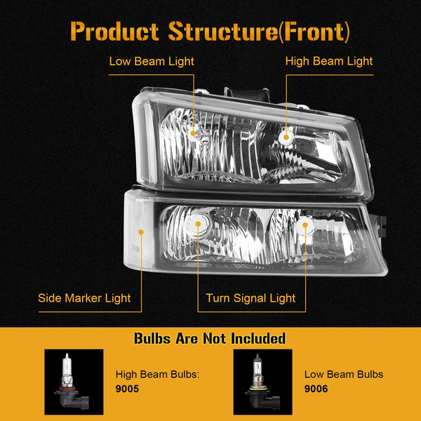 2003-2006 Avalanche 1500/2500 Pickup boîtier noir phares latéraux transparents/ensemble de lampes 10396913 15199557 2503224 générique