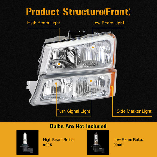 2003-2006 Chevr シルバラード 1500/1500HD/2500HD/3500 クローム ハウジング アンバー サイド ヘッドライト/ランプ アセンブリ 15199556 10366038 汎用
