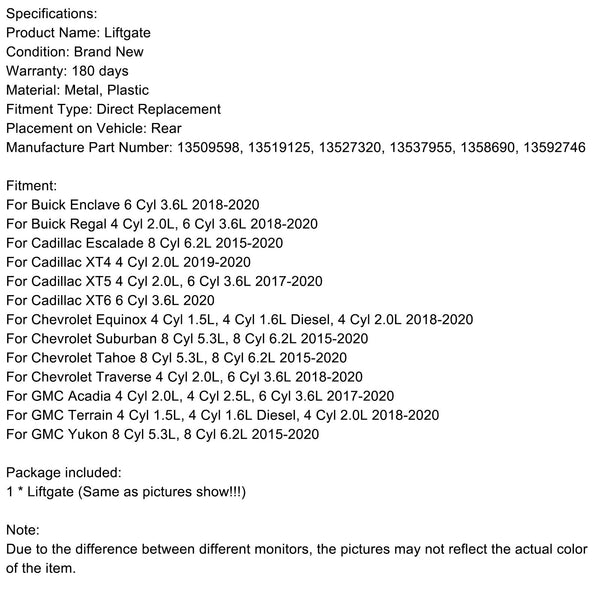 2015-2020 Chevrolet Tahoe 8 Cyl 5,3 L, 8 Cyl 6,2 L Loquet de verrouillage du hayon arrière 13509598 13519125 13527320 13537955 1358690 13592746 générique