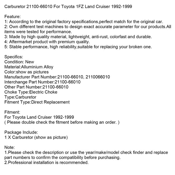 Toyota 1FZ Land Cruiser 1992–1999 Vergaser 21100–66010 generisch