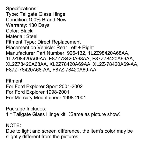 Ford Explorer Sport 2001–2002, linkes und rechtes Heckklappenglasscharnier, 926–132, 1L2Z98420A68AA, F87Z78420A68AA, XL2Z78420A68AA, generisch