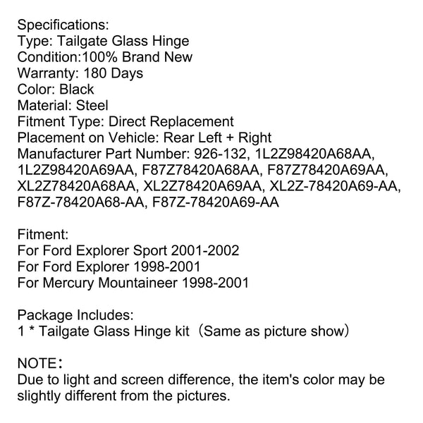 Mercury Mountaineer 1998-2001 Bisagra de vidrio para puerta trasera izquierda y derecha 926-132 1L2Z98420A68AA F87Z78420A68AA XL2Z78420A68AA Genérico