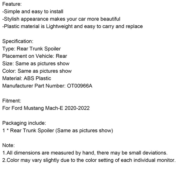 OT00966A 2020-2022 Ford Mustang Mach-E 4-Door Rear Trunk Wing Spoiler Gloss Black Generic