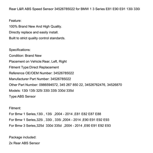 BMW 1 3 Series E81 E90 E91 130i 330i Rear L&R ABS Speed Sensor 34526785022 Generic