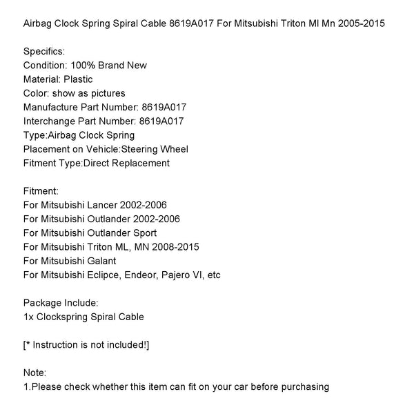 2002-2006 Mitsubishi Outlander 8619A017 Airbag Clock Spring Spiral Cable Generic