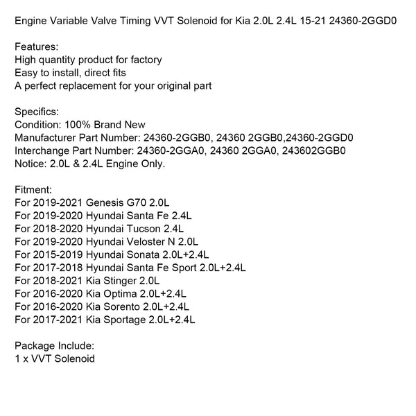 2016-2020 Kia Optima 2.0L+2.4L Engine Variable Valve Timing VVT Solenoid 24360-2GGB0 24360-2GGA0 24360-2GGD0 Generic
