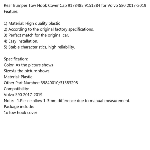 Volvo S90 2017-2019 Rear Bumper Tow Hook Cover Cap 9178485 9151384 Generic