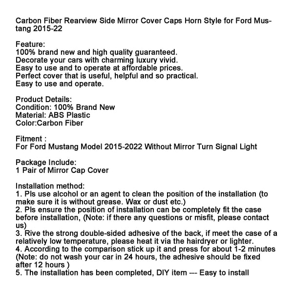 2015-2022Ford Mustang Kohlefaser Rückspiegel-Abdeckkappen im Horn-Stil, generisch