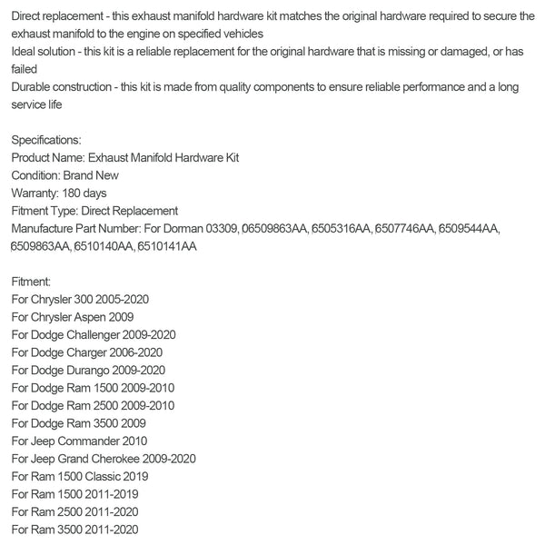 2011-2019 Ram 1500 2500 エキゾーストマニホールド ハードウェアキット 03309 06509863AA 6505316AA 汎用