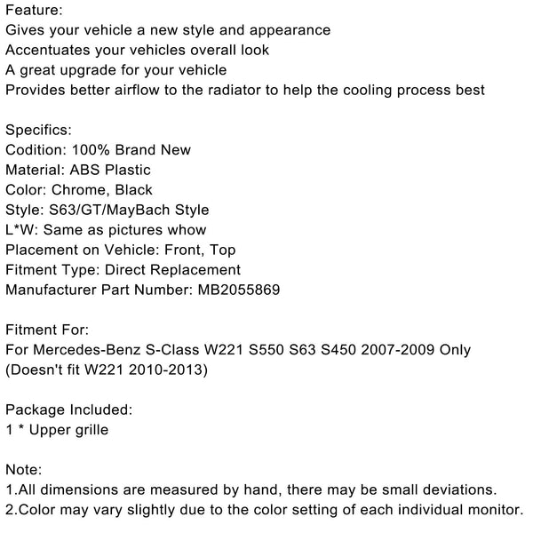 2007–2009 Benz S-Klasse W221 S550 S63 S450 MayBach Style MB2055869 Kühlergrill, Chrom, generisch