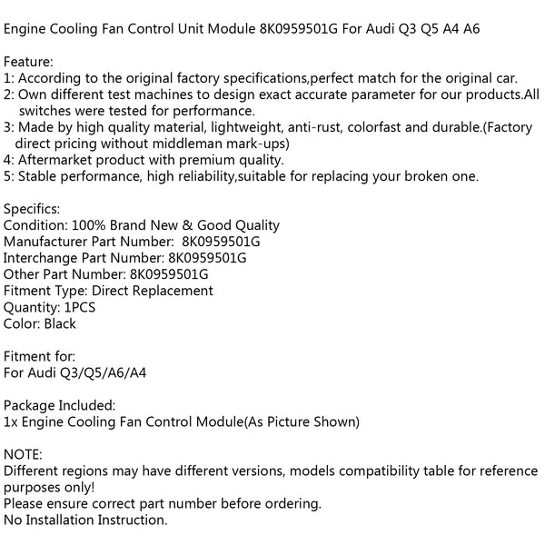 Audi Q3 Q5 A4 A6 8K0959501G Módulo de unidad de control del ventilador de refrigeración del motor genérico