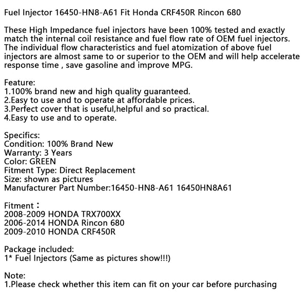 Kraftstoffinjektor 16450-HN8-A61 16450HN8A61 Passend für Honda CRF450R Rincon 680 Generic