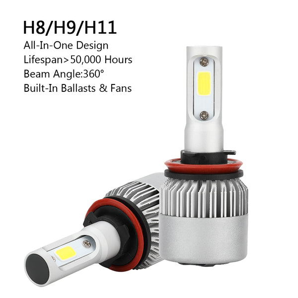 2xH8/H9/H11 All-in-One S2 LED Headlight 72W 8000LM COB Bulb Hi/Lo Beam 6000K Generic