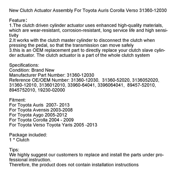 04-09 Corolla 07-13 Auris 05-13 Verso Toyota Yaris 31360-12030 New Clutch Actuator Assembly Generic