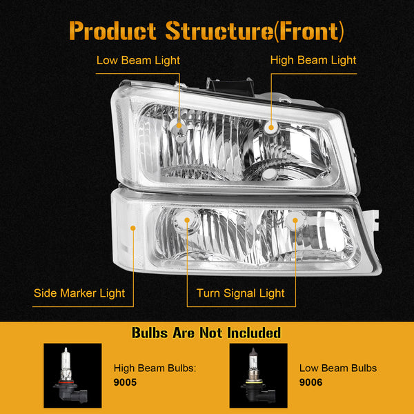 2003–2006 Silverado 1500/1500HD/2500HD/3500 Chromgehäuse, transparente Seitenscheinwerfer/Lampenbaugruppe 2502257 2503257 10366037 Generisch