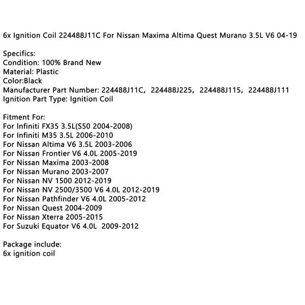 6x Zündspule 224488J11C für Nissan Maxima Altima Quest Murano 3.5L V6 04-19 Generic